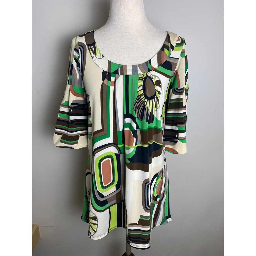 Forever Y2K Geometric Abstract Print Tunic Top Green Brown Bell Sleeve Tunic M/L